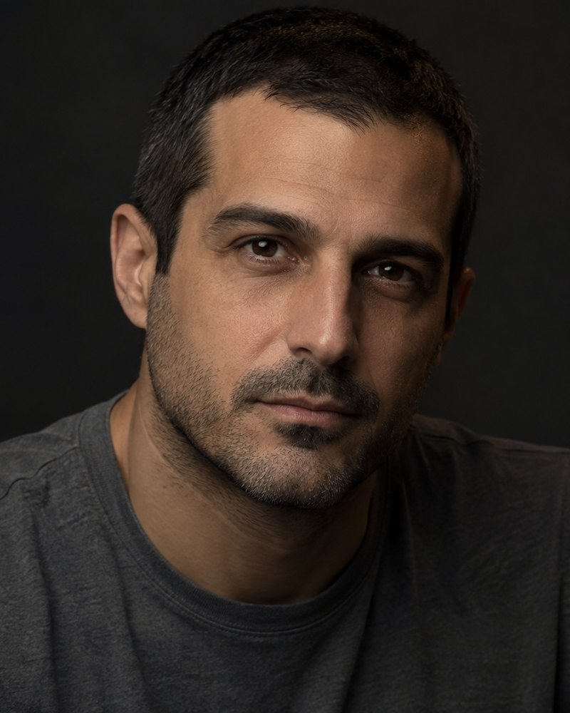Ritratto di Luca Fossa, maglia grigia da scoria, studio scuro